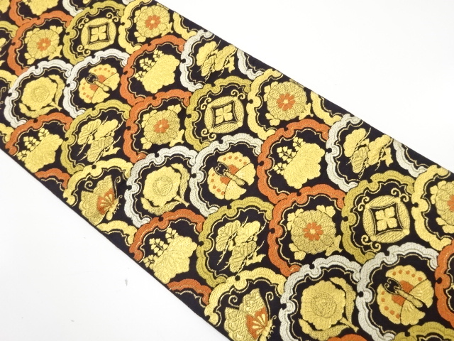 アンティーク　雪輪に蝶・菊・桐模様織り出し袋帯（材料）